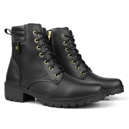 Imagem de Bota Feminina Coturno Casual Militar Cano Curto Zíper Lateral Preta Elegante Moderna Confortável