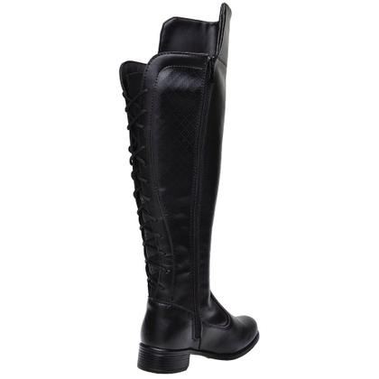 Imagem de Bota Feminina Over Knee Preta Cano Alto Longo Cadarço Ziper Lateral Confortável