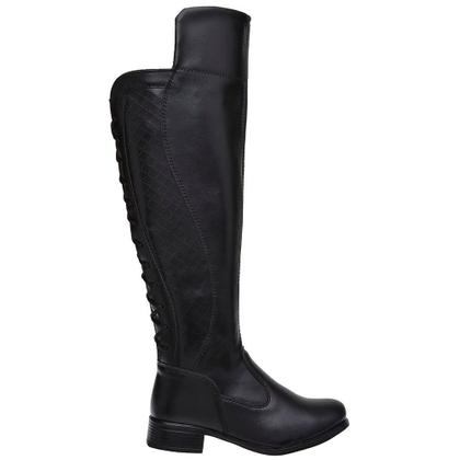 Imagem de Bota Feminina Over Knee Preta Cano Alto Longo Cadarço Ziper Lateral Confortável
