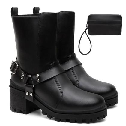 Imagem de Bota Feminina Tratorada Bico Fino Zíper + Bolsa Carteira