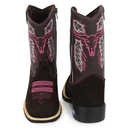 Imagem de Bota Infantil Feminina Texana Country Em Couro Bordado Boi Flores Rosa