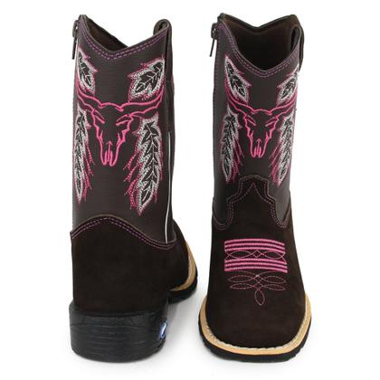Imagem de Bota Infantil Feminina Texana Country Em Couro Bordado Boi Flores Rosa