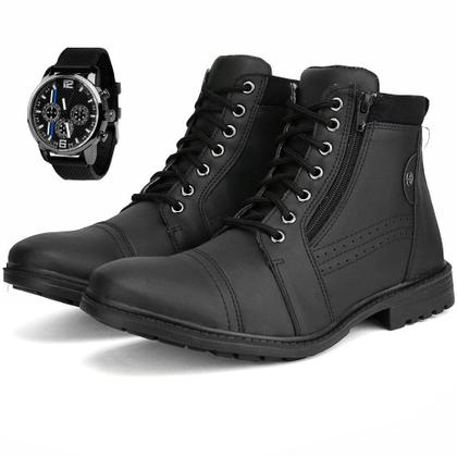 Imagem de Bota Masculina Casual Cano Curto Cadarço + Relógio Kit Preto