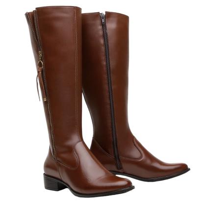 Imagem de Bota Montaria Couro Feminino Cano Alto Zíper Lateral Moda Inverno Elegante Salto Baixo