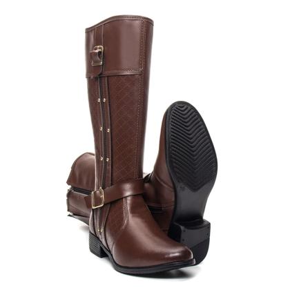 Imagem de Bota Over Montaria Feminina Couro Cano Alto Casual Ziper Lateral Luxo