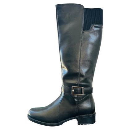 Imagem de Bota Preta Feminina Mooncity Cano Alto Longo Ziper Rasteira Macia