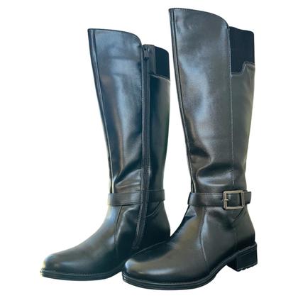 Imagem de Bota Preta Feminina Mooncity Cano Alto Longo Ziper Rasteira Macia