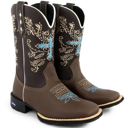 Imagem de Bota Texana Feminina 100% Couro Legítimo com Bordado Bico Quadrado