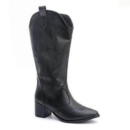 Imagem de Bota Texana Feminina Cano Longo Bordado Sintético Ecológico Premium Legítimo Confortável Salto Médio Forrada Fechamento Zíper