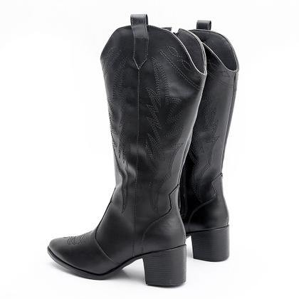 Imagem de Bota Texana Feminina Cano Longo Bordado Sintético Ecológico Premium Legítimo Confortável Salto Médio Forrada Fechamento Zíper