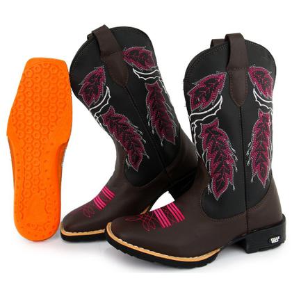 Imagem de Bota Texana Feminina Couro Country Bico Quadrado Café Cara de Boi