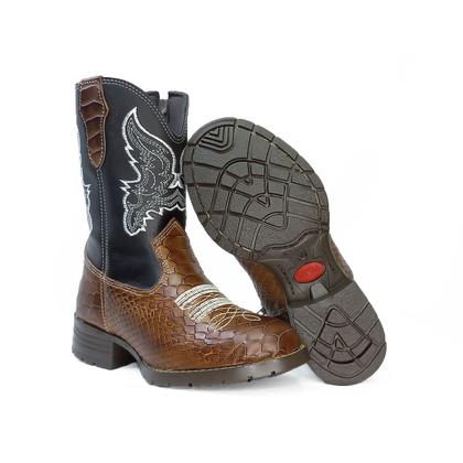 Imagem de Bota Texana Infantil Masculina em Couro Marrom Estampa de Cobra Bico Redondo Kapell