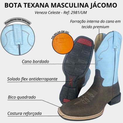 Imagem de Bota Texana Masculina Original Jácomo Bico Quadrado Couro Mamute Cano Veneza Celeste R:2981/UM