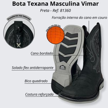 Imagem de Bota Texana Preta Masculina Couro Legítimo Original Vimar Com Canivete Cano Médio Ref. 81360