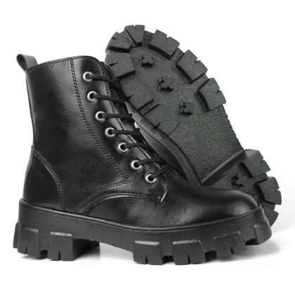 Imagem de Bota Tratorada Feminina Coturno Cano Curto Casual Zíper Lateral Preto Blogueira Modinha