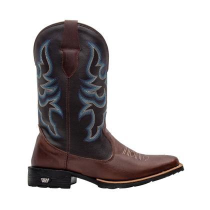 Imagem de Bota Western Masculina Bico Quadrado em Couro Texas Gold Tribal Café