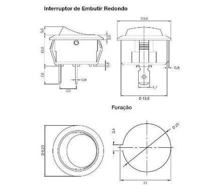 Imagem de Botão interruptor redondo de embutir em móveis Preto 2 polos