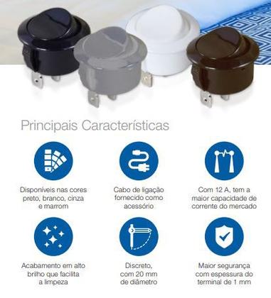 Imagem de Botão interruptor redondo de embutir em móveis Preto 2 polos