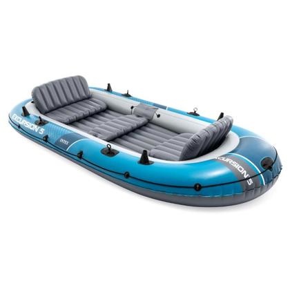 Imagem de Bote Inflável Barco Excursion 5 Pessoas Azul com Capota Suporte Motor Remos e Bomba Intex