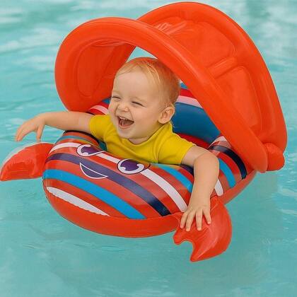 Imagem de Bote Inflável Infantil Boi Bebê Caranguejo Assento Flutuador com Cobertura Vermelho Bestway