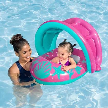 Imagem de Bote Inflável Infantil para Bebês Piscina Praia Rosa ou Azul com Assento e Cobertura Proteção Solar