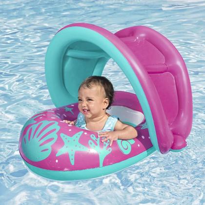 Imagem de Bote Inflável Infantil para Bebês Piscina Praia Rosa ou Azul com Assento e Cobertura Proteção Solar