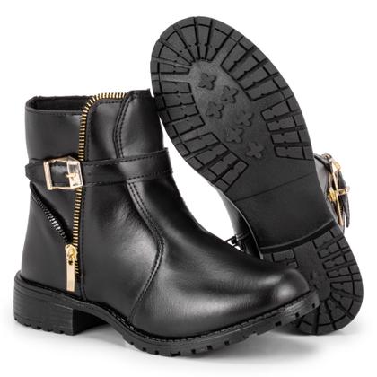Imagem de Botinha Bota Feminina Cano Curto Fivela e Zíper Salto Baixo Preta Casual 707 adv