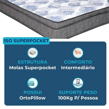 Imagem de Box Baú Casal Cinza + Colchão ISO Superpocket Molas Ortobom