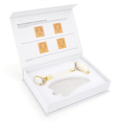 Imagem de Box Luxo Rolo Massageador Facial Pedra Jade Branco e Gua Sha Cunha