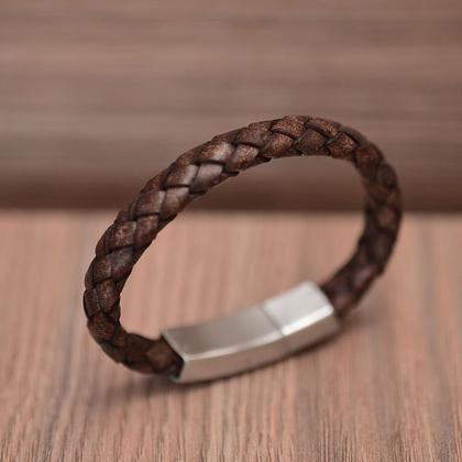 Imagem de Bracelete Aço 20cm Couro Marrom 10mm Fecho Steel Click