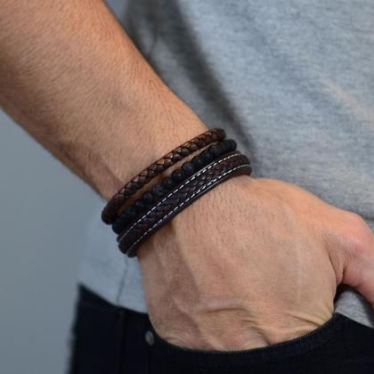 Imagem de Bracelete Masculino Couro Marrom Trançado com Shambala Vulcânica  Aço Inoxidável 20cm  Estilo e Força