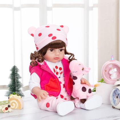 Imagem de Brastoy Boneca Bebê Reborn Realista Girafinha ou Coelho Menina de Silicone 48cm Olhos Castanhos