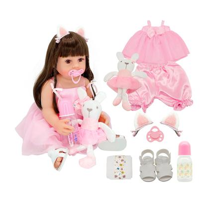 Imagem de Brastoy Boneca Bebê Reborn Realista Girafinha ou Coelho Menina de Silicone 48cm Olhos Castanhos