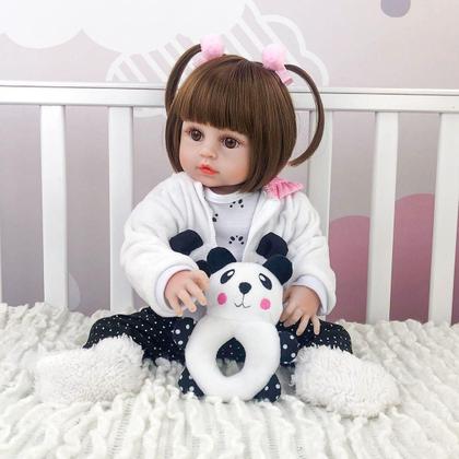 Imagem de Brastoy Boneca Bebê Reborn Silicone Menina Panda ou Coelho Olhos Castanhos 48cm Original