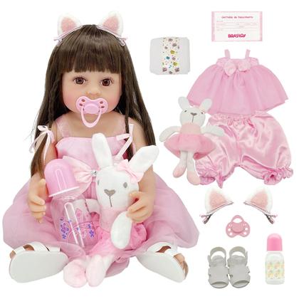 Imagem de Brastoy Boneca Bebê Reborn Silicone Menina Panda ou Coelho Olhos Castanhos 48cm Original