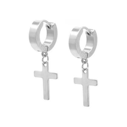 Imagem de Brinco Argola Masculino Feminino Cruz Crucifixo Aço Inox Prata Antialérgico PAR