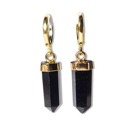 Imagem de Brinco Argola Micro Pontinha Obsidiana Negra Dourada
