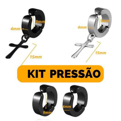 Imagem de Brinco Argola Pressão Magnético Preto Prata Cruz Masculino Feminino KIT