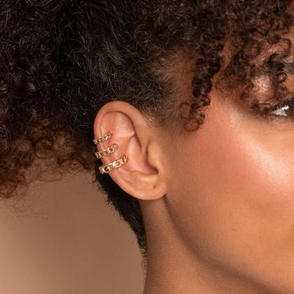 Imagem de Brinco  banhado ouro 3x 24k 18k e 22k  pressão femininos ear cuff corrente elo piercing rommanel triplo 526582
