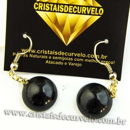 Imagem de Brinco Cabochão Pedra Obsidiana Negra Montagem Anzol Dourado