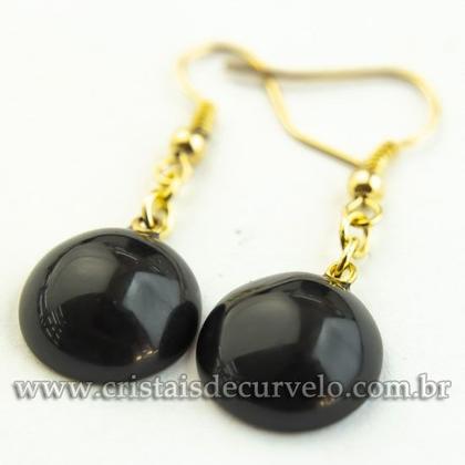 Imagem de Brinco Cabochão Pedra Obsidiana Negra Montagem Anzol Dourado