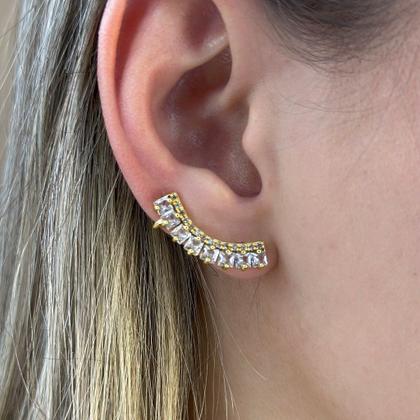 Imagem de Brinco Ear Cuff Pedras Quadrada Borda Cravejada Zircônias Cristal Banhado em Ouro 18k
