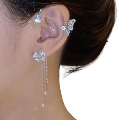Imagem de Brinco Estilo EarCuff Prateado Flor Borboletas Luxo