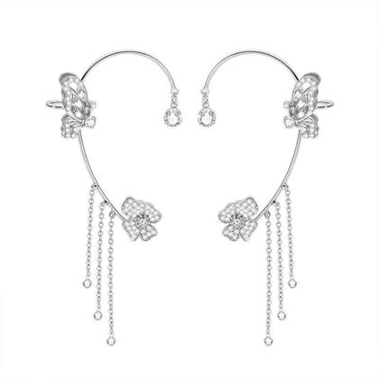 Imagem de Brinco Estilo EarCuff Prateado Flor Borboletas Luxo