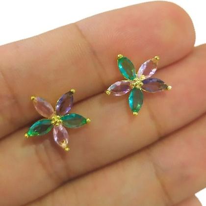 Imagem de Brinco Florista Colorido Zirconia Dama Daminha Verde Rosa