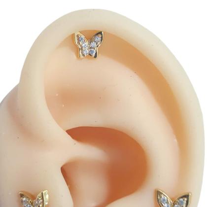 Imagem de Brinco folheado a ouro 18k dourado borboleta com pedra de zirconia 2 3 furo helix cartilagem piercing infantil pequeno d