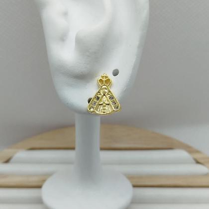 Imagem de Brinco Pequeno Nossa Senhora com Strass Folheado a Ouro 18K Dourado e Grafite