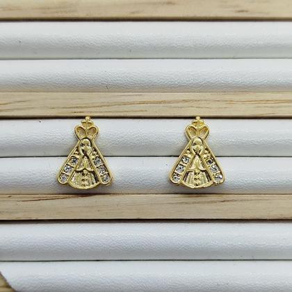 Imagem de Brinco Pequeno Nossa Senhora com Strass Folheado a Ouro 18K Dourado e Grafite