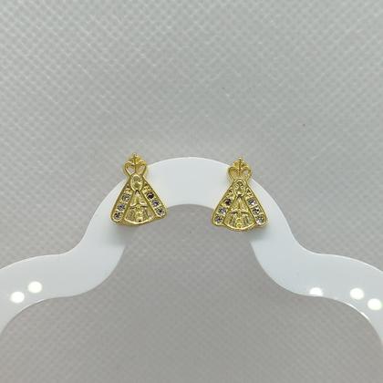 Imagem de Brinco Pequeno Nossa Senhora com Strass Folheado a Ouro 18K Dourado e Grafite