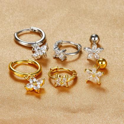 Imagem de Brincos de Argola com Flor de Zircônia - Conjunto 3 Peças em Aço Inoxidável